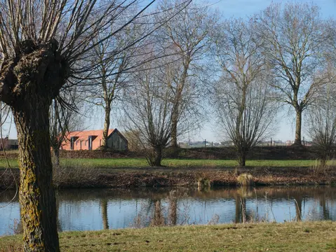 Bomen en een huis aan de overkant van het kanaal