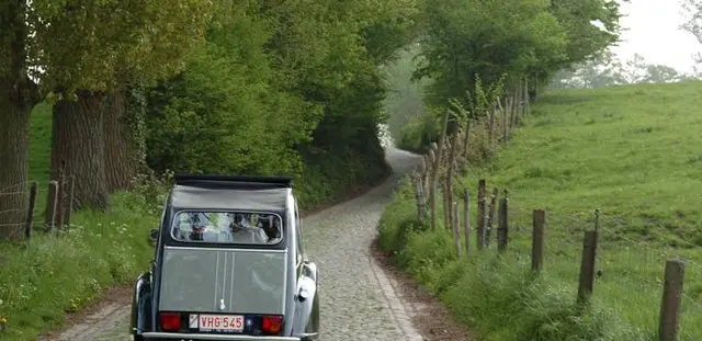 Een Citro&euml;n 2CV op een smalle weg tussen bomen en weilanden