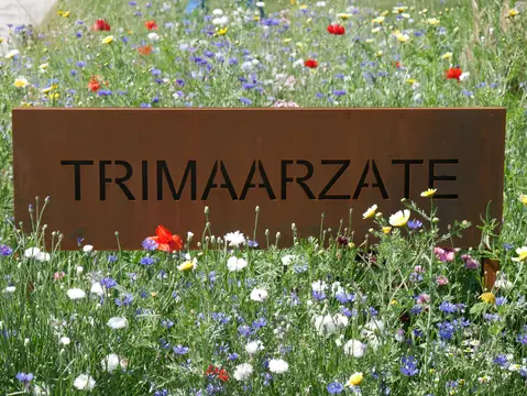 Het naambord van Trimaarzate tussen kleurrijke bloemen