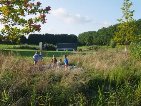 Kinderen lopen tussen het hoge gras in de tuin